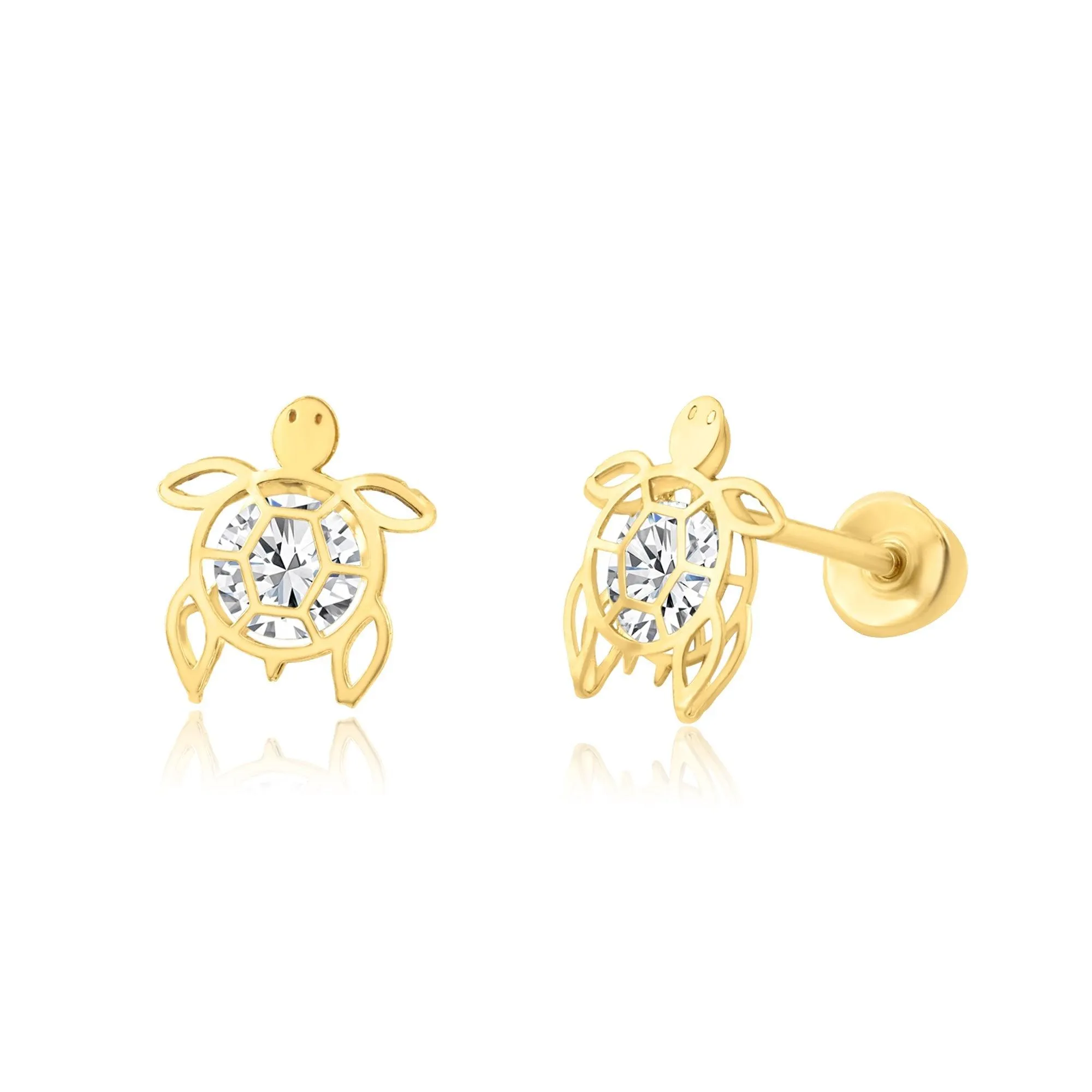 14E00211. - 14 Karat Yellow Gold CZ Turtle Screw Back Earring