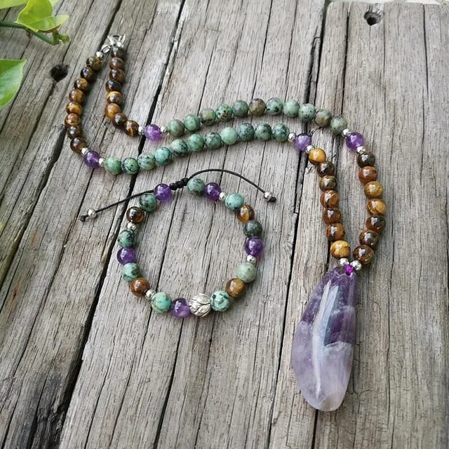 Amethyst & African Turquoise Bracelet/Necklace/Mala Set