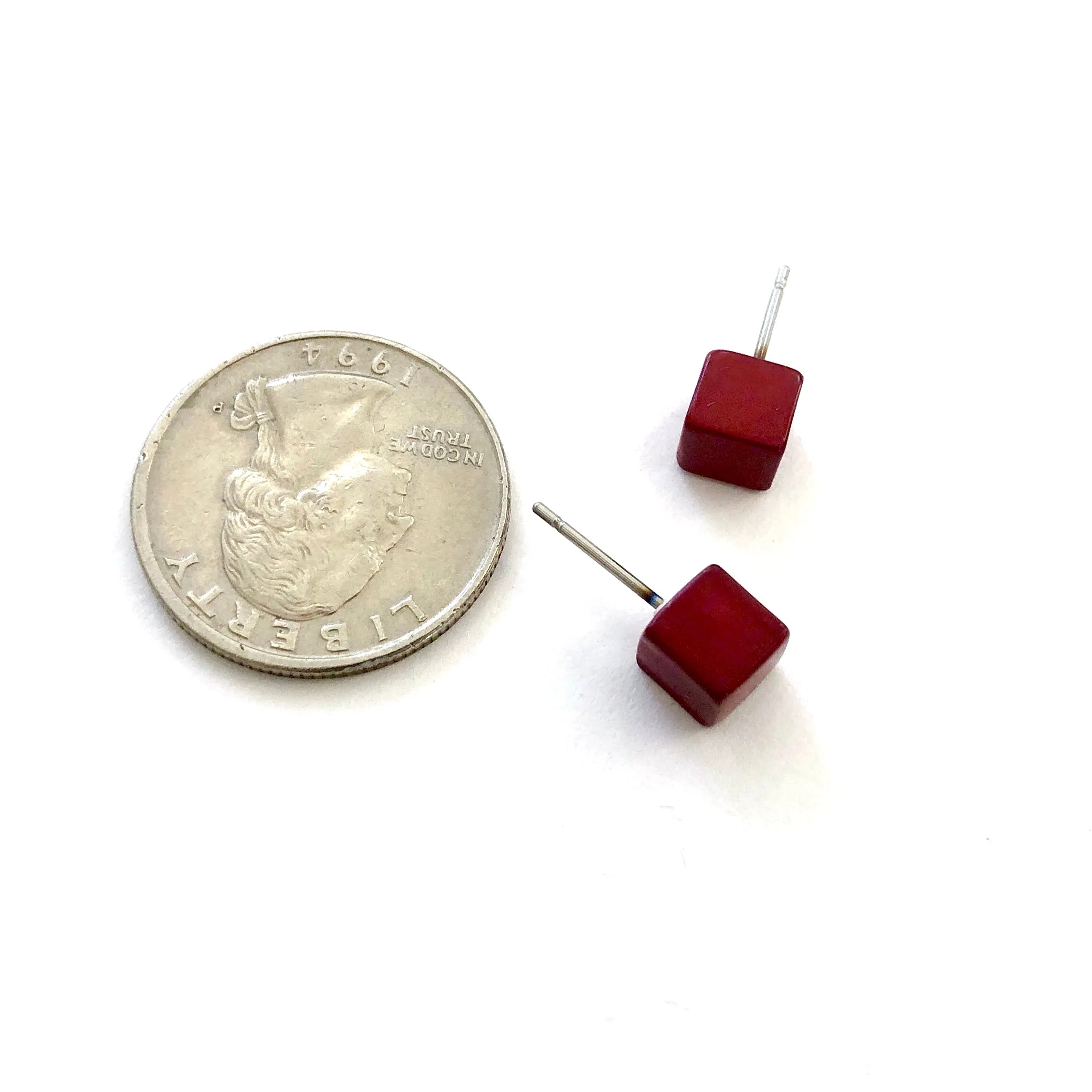 Brick Red Mini Cube Stud Earrings