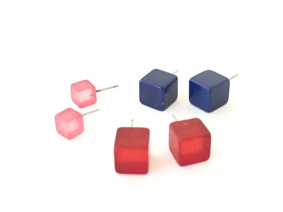 Brick Red Mini Cube Stud Earrings