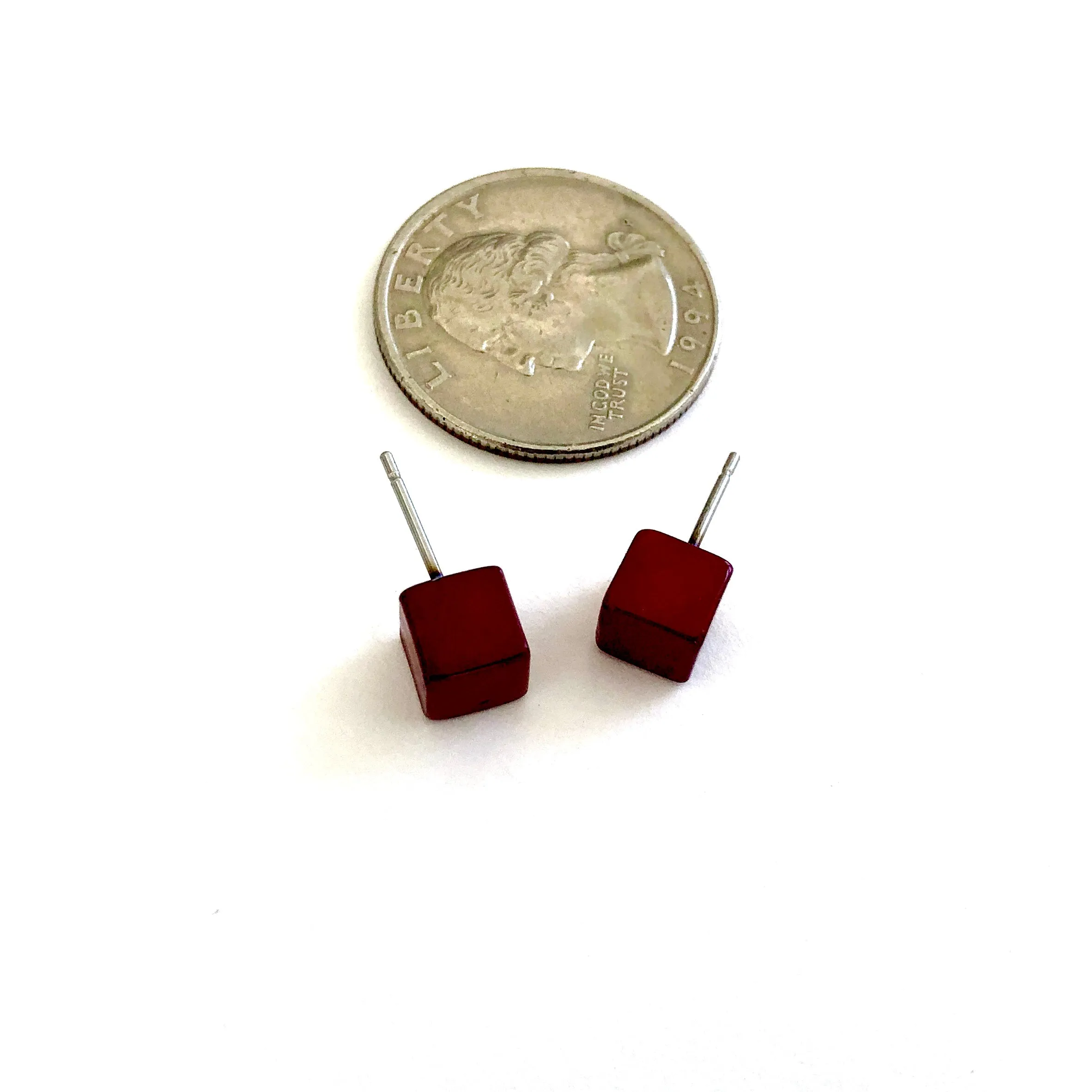 Brick Red Mini Cube Stud Earrings